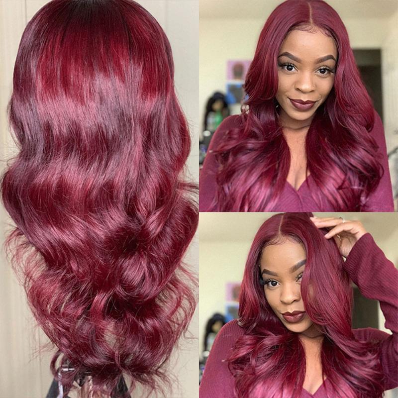 

250 Density 99J Burgundy Colored Human Hair Wig Bleach Knots Glueless Wavy HD Transparent Lace Front Wig With Baby Hair Atina, As pic