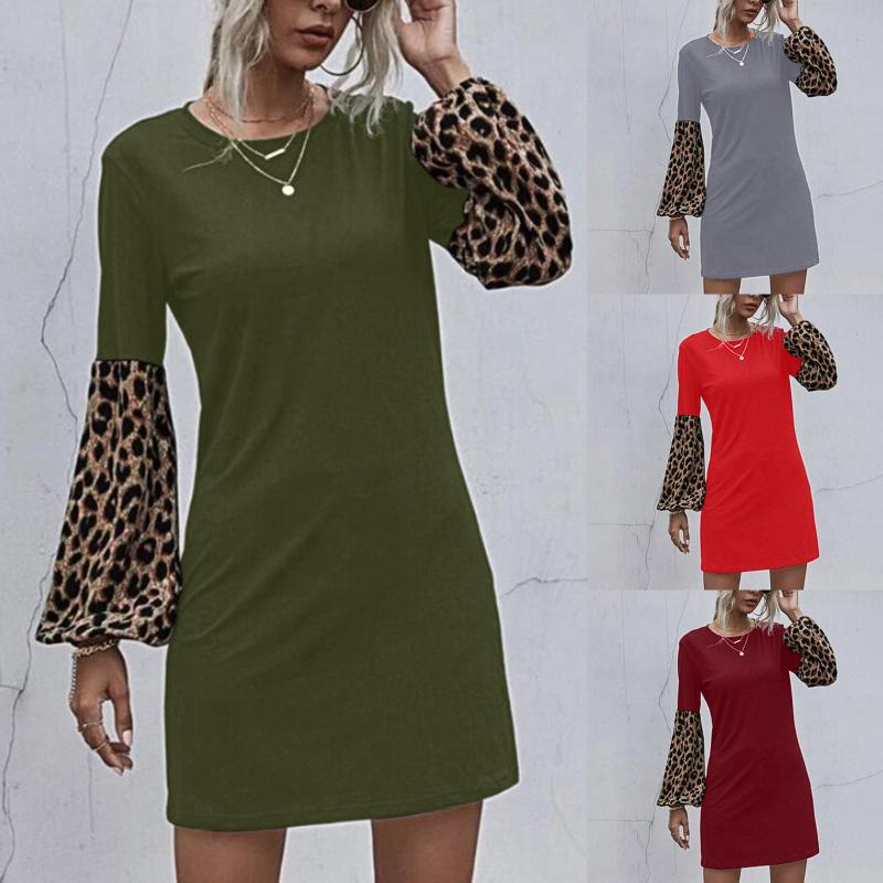 

Ladies Round Neck Leopard Print Long Sleeve Dress Sexy Slim Bag Hip Bodycon vestido 2020 New Pure Color small fresh Dress, Gray