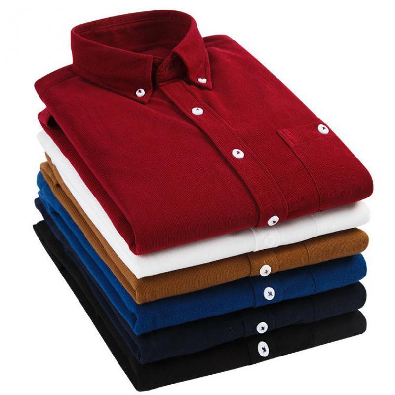 

2020 New Summer Corduroy Long Sleeve Shirt Men's Slim Lapel Plus Size 5XL Fashion male shirts Man Dress Shirts Business Shirt, Black