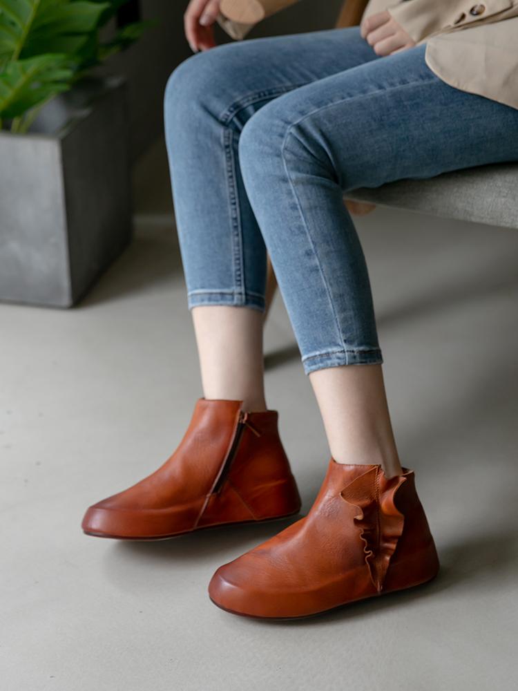 

Tayunxing New Genuine Cow Leather Female Flats Hidden Heel Ladies Shoes Side Zipper Comfort Ankle Women's Boots Z0011-1A, Light tan