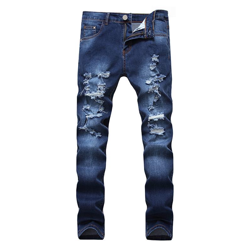 

Men multi-hole jeans men's worn stretch dark slim denim trousers, Dark blue