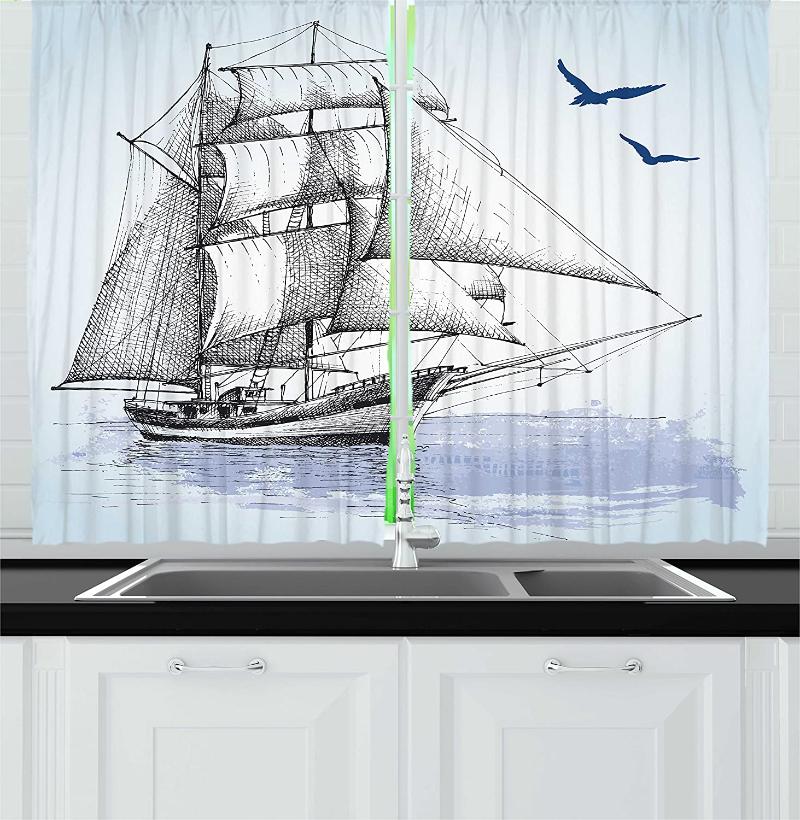 

Nautical Kitchen Window Curtains Vector Sketch Sailboat on Sea with Bird Retro Drawing Marine Theme Print Window for Kitchen, As pic