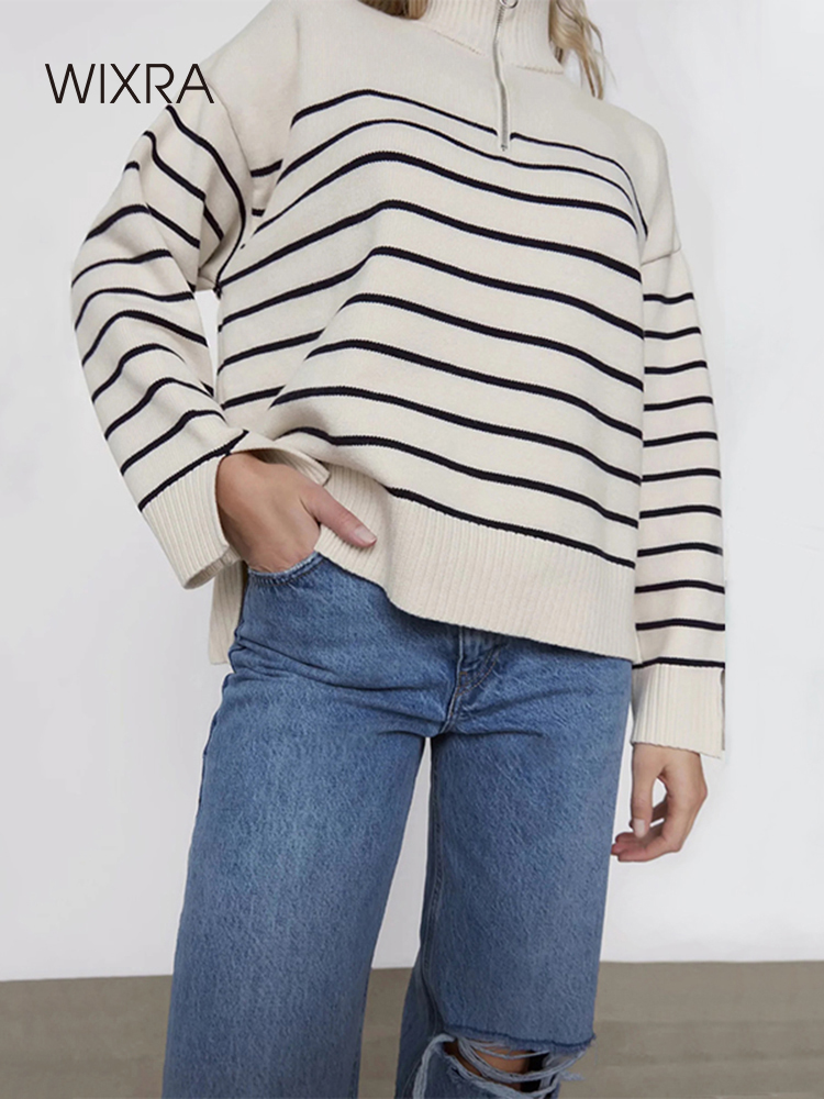 

Wixra Women Sweater Striped Casual Zipper Mo Ne Split Knitted Ladies Pullover Loose Top Autumn High Streetwear, Beige