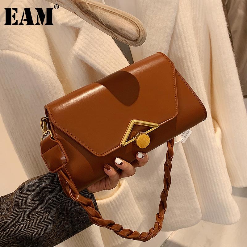

[EAM] Women New Twisted Strap Elegant PU Leather Flap Personality All-match Crossbody Shoulder Bag Fashion Tide 2021 18A1198, Black