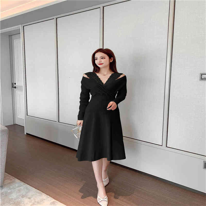 

Autumn And Winter Lace A-line Knitted Dress Womens Korean Retro Style Stitching Mid-length Casual Dress, Black;gray