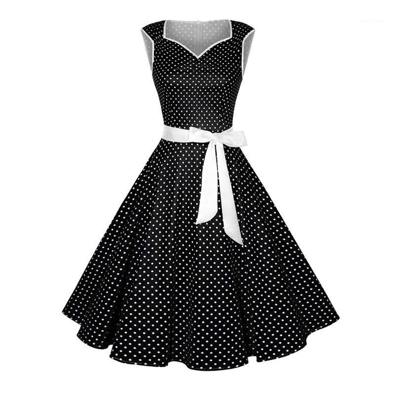

2020 New Summer dresses Fashion Women V-Neck Sleeveless Bandage Dot Print Retro High waist Bridesmaid Evening Party Dress1