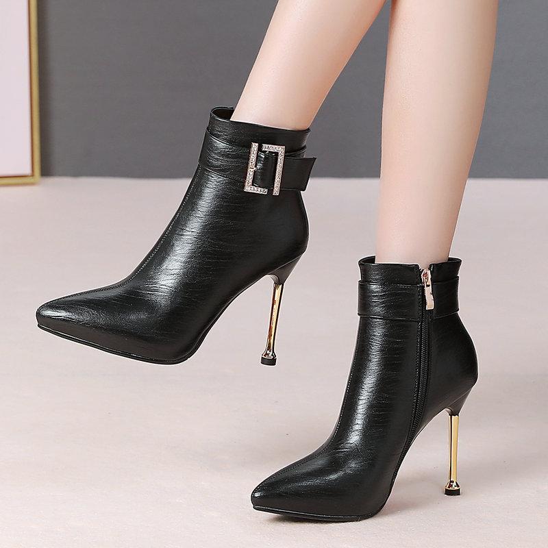 

Autumn Women's Boots Pu Leather Super High Heel Ankle Boots Winter Plush Shoes Fashion Pointed Toe Zipper Short 2020 New, Black
