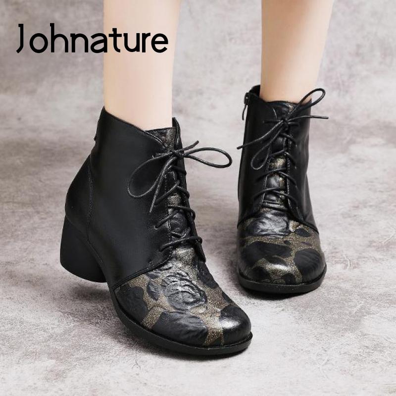 

Johnature Women Shoes Platform Boots 2020 New Genuine Leather Zip Round Toe Lace-Up Handmade Print Concise Leisure Ladies Shoes, Black