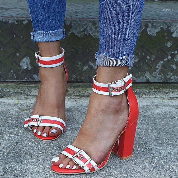 

belt buckle color matching sandal strap a word fashion cross-border big yards thick with high-heeled women sandals1, Black