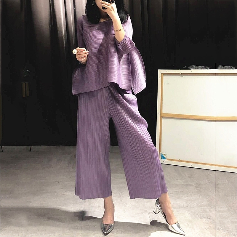 LANMREM new summer 2 pieces set pleated O-neck three quarter sleeve pullover loose T-shirt female loose wide leg pants WG95 201120Z
