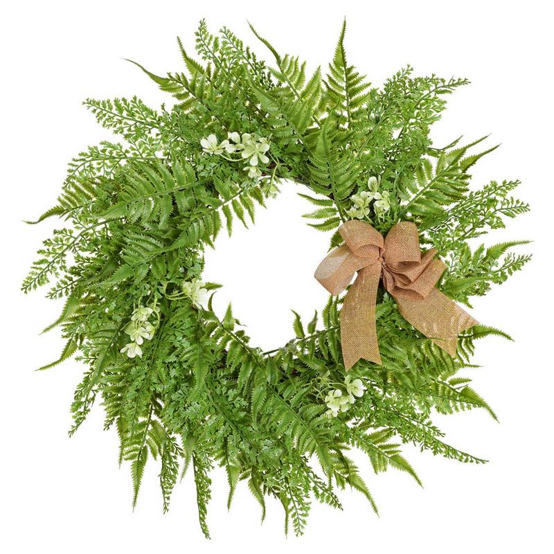 

19.6 inch Wreath for Front Door with Knotted Bow, Handcrafted Wicker Rattan Loop Frame - Faux Home Decorative Display - Rustic, Green