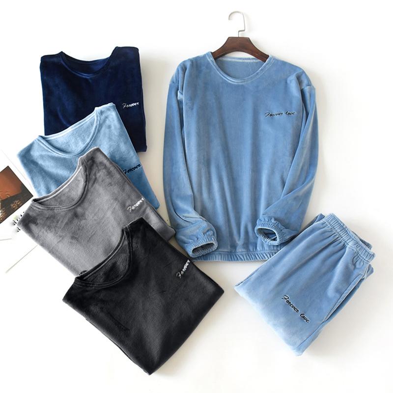 

Pajamas Set Men's Thermal Fleece Thick Warm Pyjamas Suit Plus Size Long Sleeve Casual Home Pyjama Set Casual Sleepwear Suit, Blue