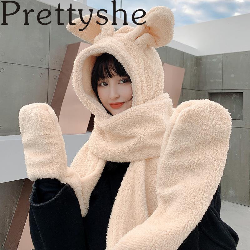 

Pretty She 2020 Winter Women Novelty Caps Warm Ear Hat Casual Plush Hat Scarf Gloves Set Casual Solid Fleece Caps, White