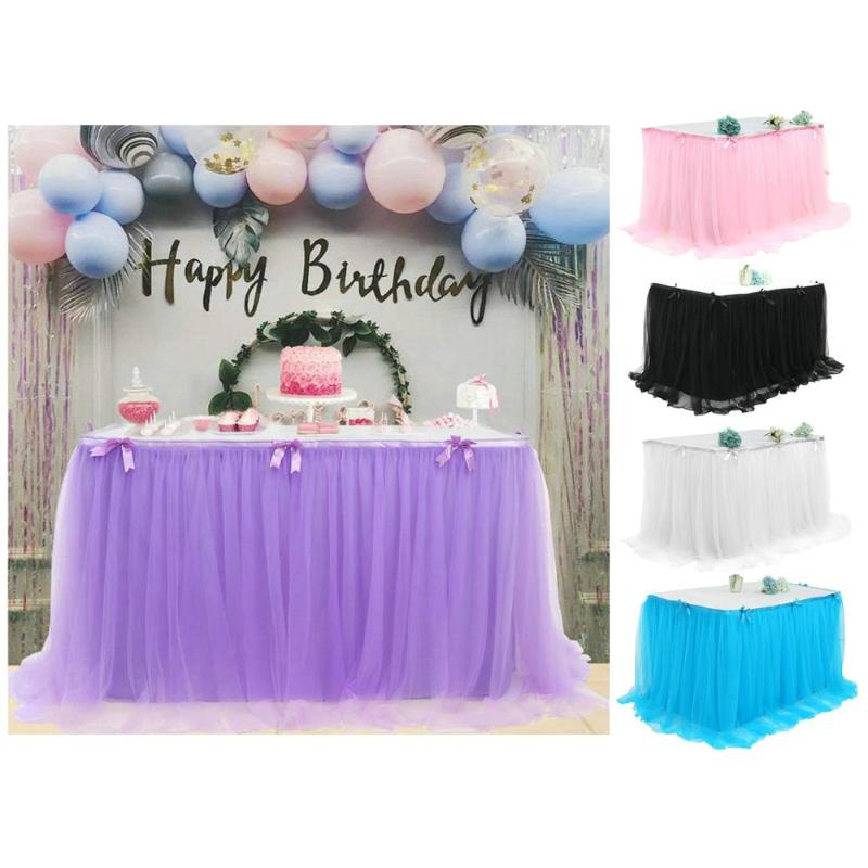 

Table Skirt Tulle For Wedding Decor Birthday Baby Shower Party Decoration Tablecloth Bowknot Two Layer Ice Silk Fabric
