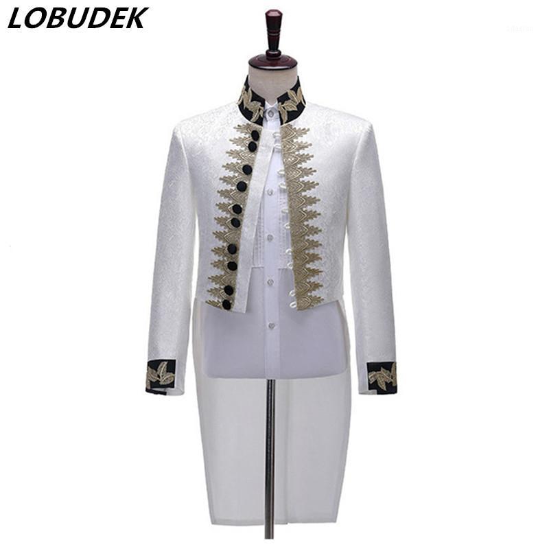 

Swallowtail Costume White Stand Collar Embroidery Tailcoats Men Magician Performance Suit Jacket Singer Chorus Host Stage Blazer1