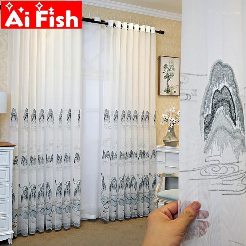 

Chinese Ink painting landscape with boat unique design curtains for Living room embroidered window treatments Tulle MY530#31