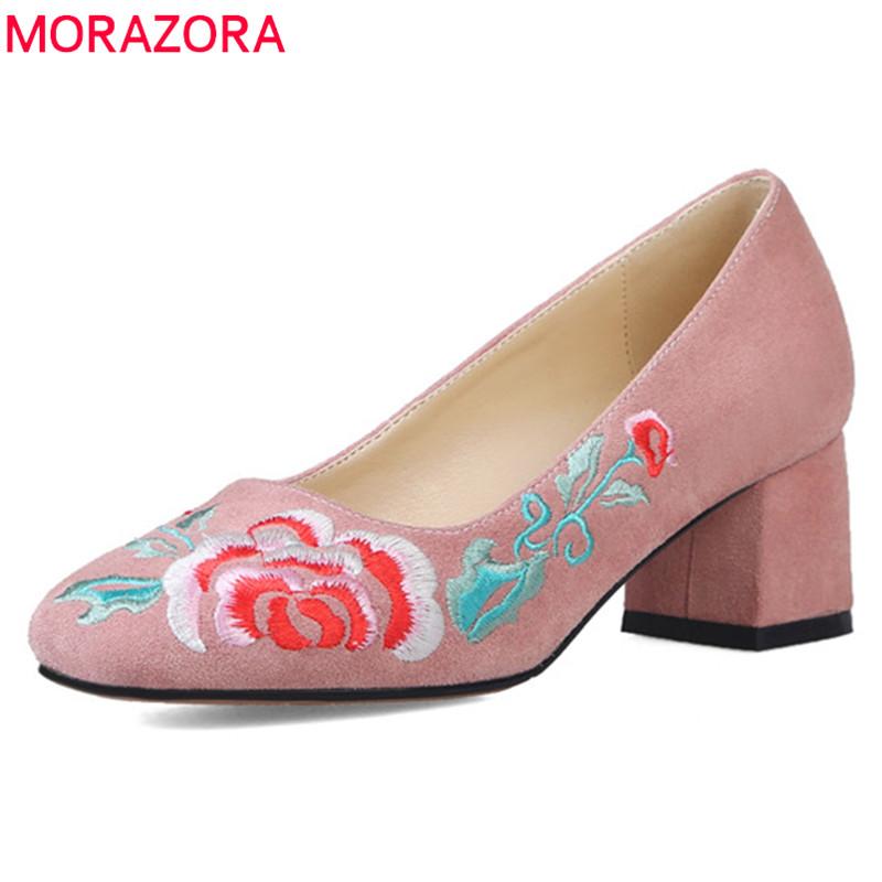 

MORAZORA 2021 hot women pumps flock embroider spring summer shoes square heels elegant party dress shoes woman single, Black