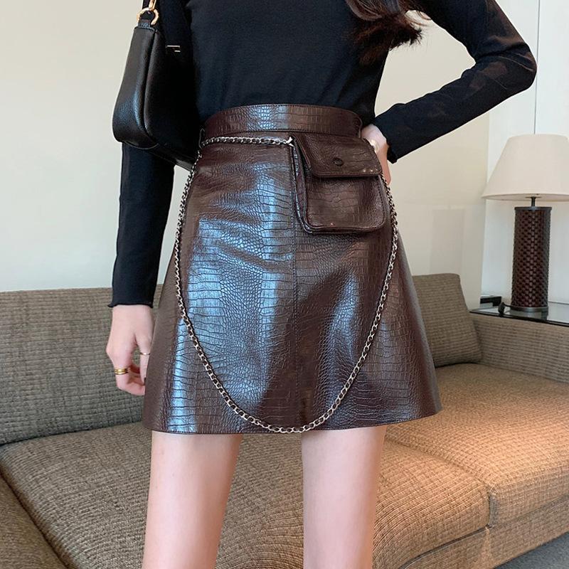 

Autumn 2020 New Retro All-match Leather Skirt Korean Style High Waist A- line Slim Skirt Women's Net Red Short, Brown skirt