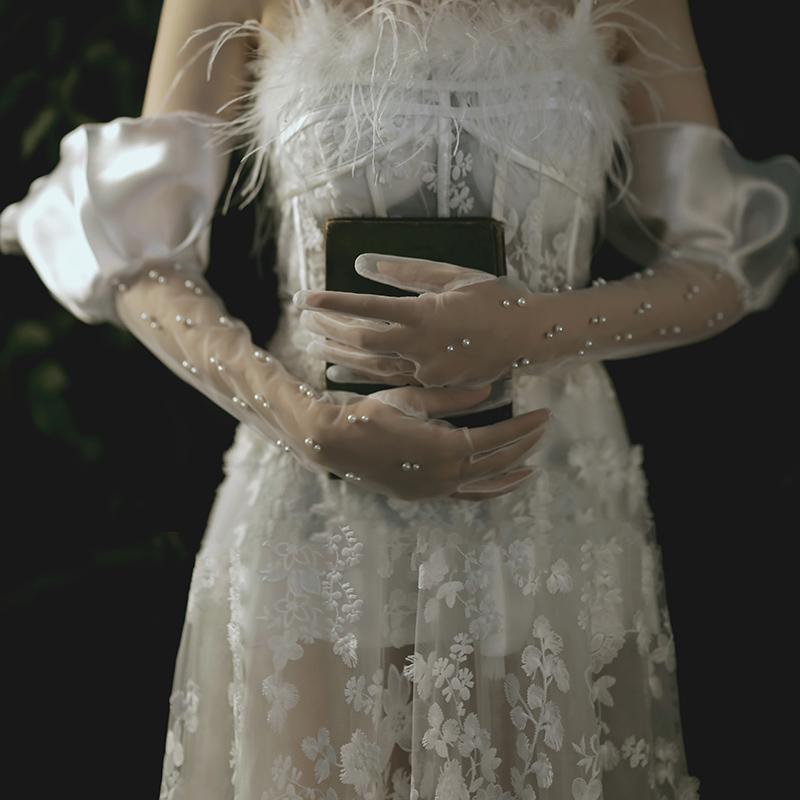 

Women's elegant pearl beaded white long lace glove mesh glove female spring summer sexy sunscreen mesh R3339