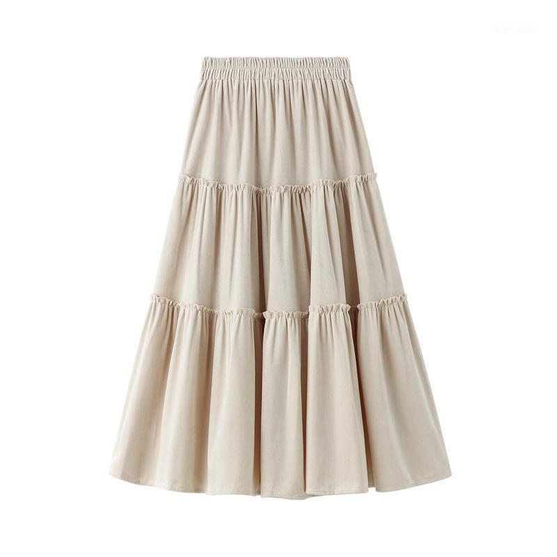 

Velvet Women Skirt Sweet Layered Skirt Midi Long Pleated Vintage Tiered A-Line1, Black