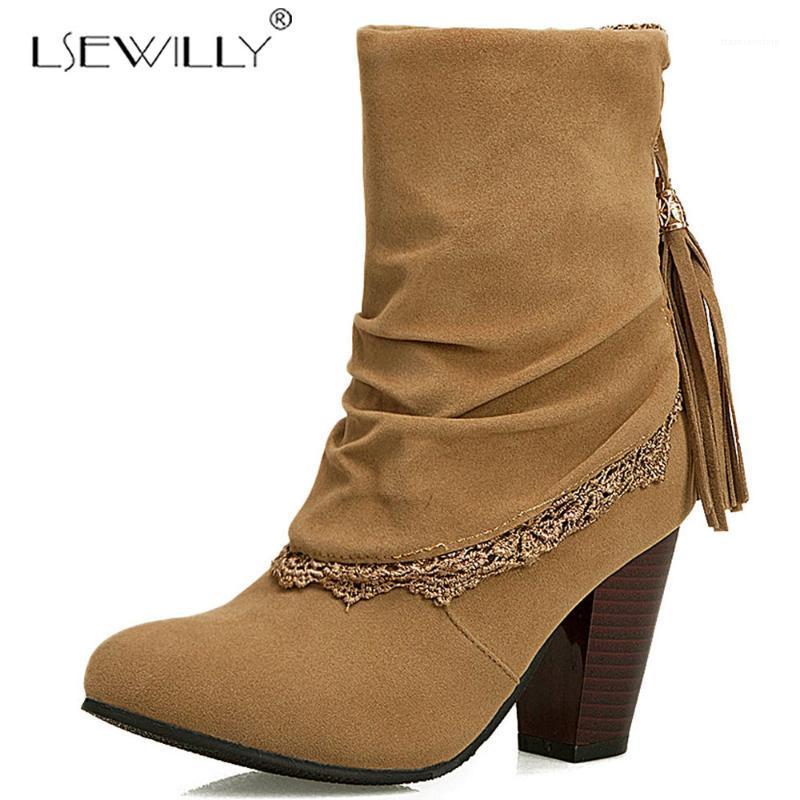 

Lsewilly retro style flock fringes thick spike heels round toe ankle boots autumn winter size 34-50 western boots ladies women1, Black