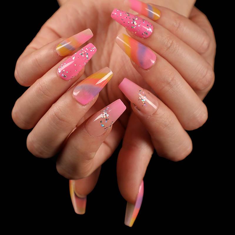 

24pcs/box fake nails with glue designed Rainbow gradient Ballet Manicure patch acrylic products nail tips for girls, As show