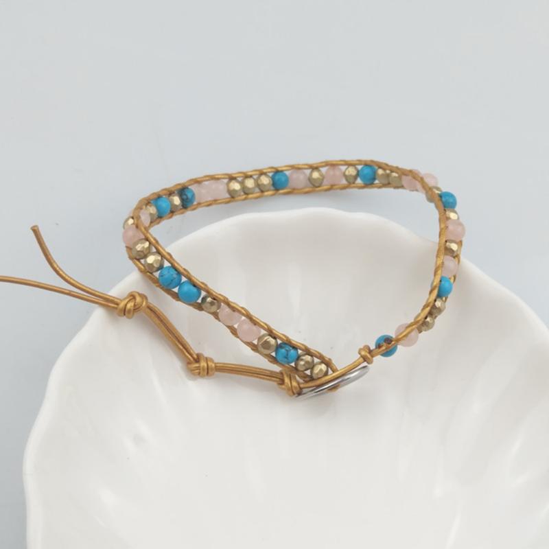 

One Strand Natural Stone Leather Wrap Bracelets for Girls Handmade Braided Crystal Gold Color Hematite Beads Bracelet Jewelry