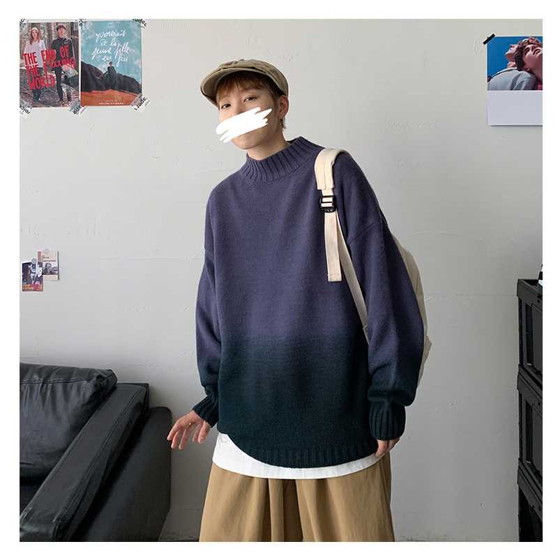 

Autumn Winter Men Sweater Print Gradient Long Sleeve Fashion Round Neck Casual Male Korean Style Kintted Loose Pullovers Tops, Black