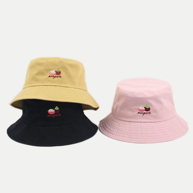 

Unisex Summer Cotton Bucket Hat Cute Mangosteen Fruit Embroidered Solid Color Outdoor Wide Brim Sunscreen Fisherman Cap, Bg