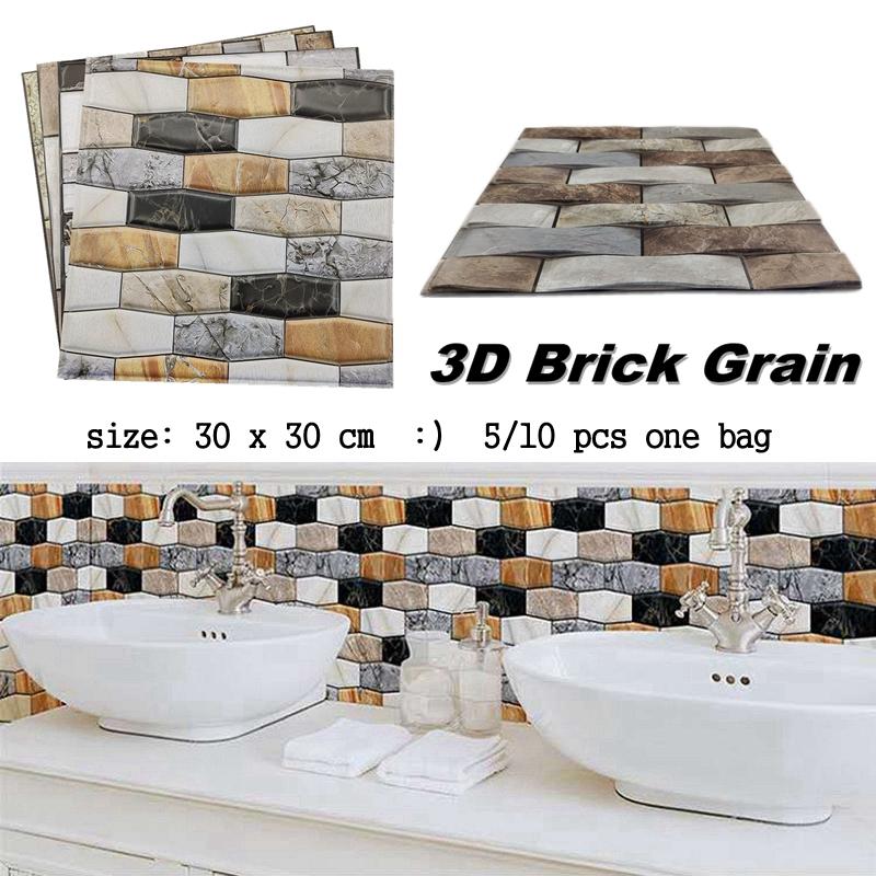 

5/10 pcs 3D Marble Pattern Wall Sticker PVC Waterproof Self-Adhesive Wall Paper 30x30cm Brick Grain Stickers Bathroom Decor