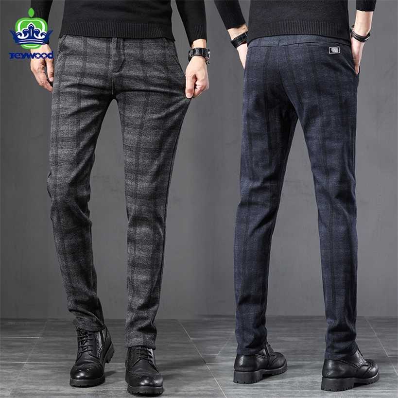 

Autumn Winter England Plaid Thick Work Stretch Pants Men Business Fashion Slim Fit Grey Casual Pant Male Brand Trousers 38 220115, Black