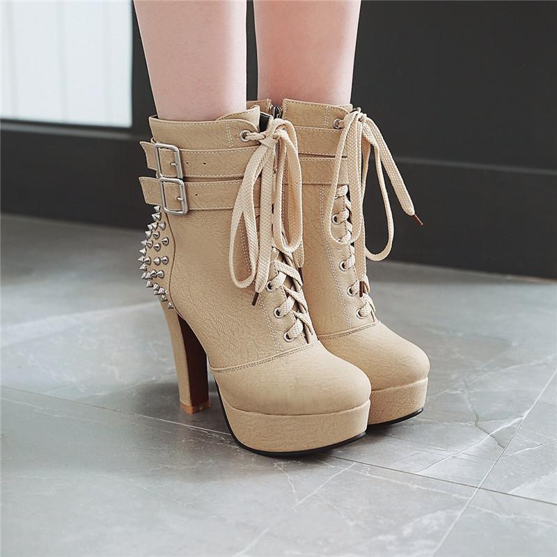 

YMECHIC 2020 Platform Lace Up Rivets Buckle High Heels Woman Punk Gothic Ladies Shoes Ankle Combat Motorcycle Boots, Black