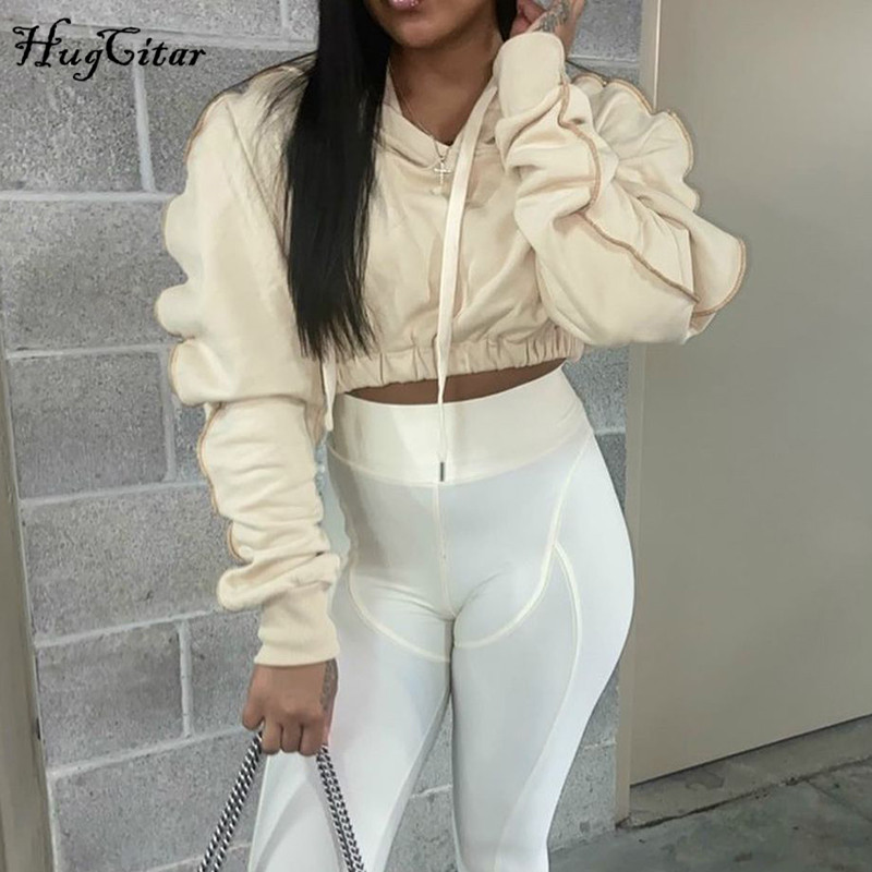 

Long Sleeve Hooded Sweatshirt Pure Color Pleated Tops 2020 Autumn & Winter Women' Fashion Casual Streetwear Matching, Apricot