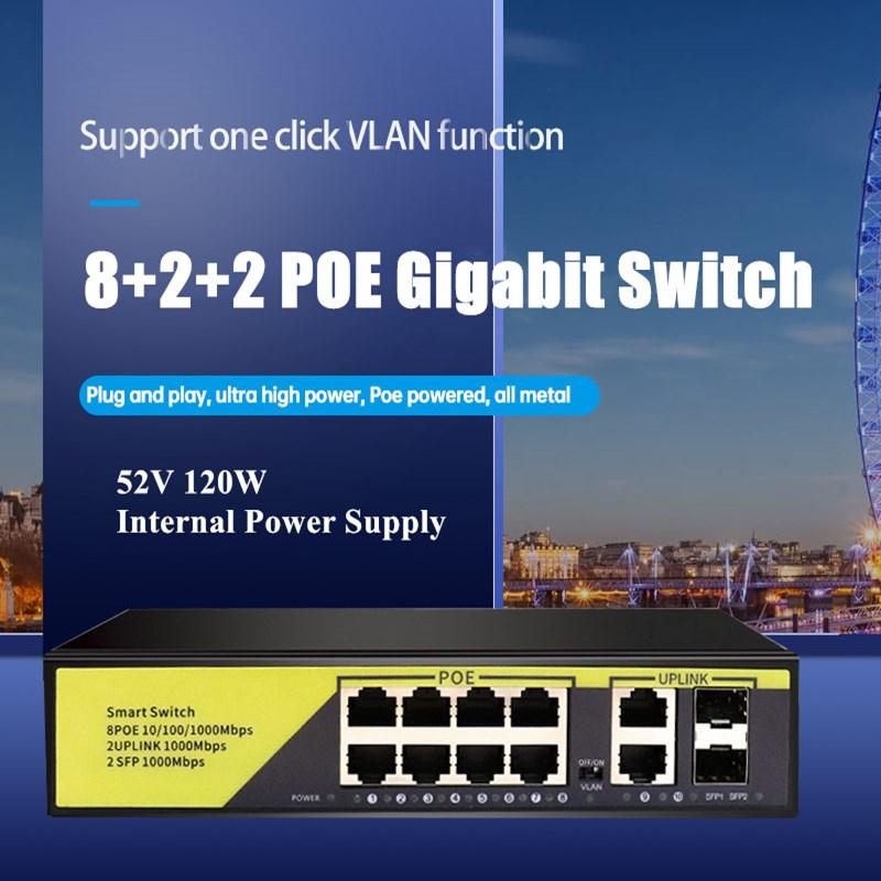 

POE Gigabit Switch 52V with 8-Port POE+2 Uplinks+2 SFP IEEE 802.3 af/at 1G Switch Suitable for IP camera/Wireless AP/POE camera