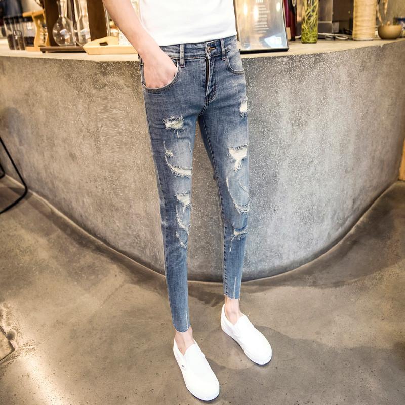 

wholesale 2021 ripped jeans men's stretch slim fit feet social people spirit guy trend Korean casual jeans, Blue
