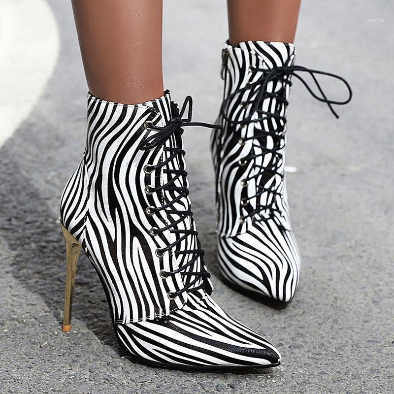 

AIWEIYi Gold Silver Ankle Boots For Women Pointed Toe Lace Up Party Shoes Female High Heels Zebra Print Boots Ladies Shoes1