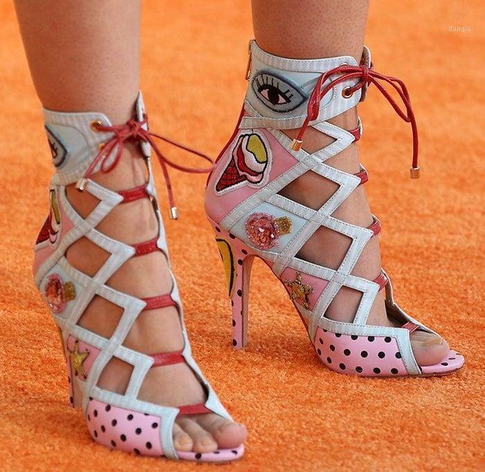 

Fashion Printed Leather High Heel Shoes Woman Peep Toe Lace-up Sandals Boots Sexy Thin Heels Party Dress Heels1, As pictures