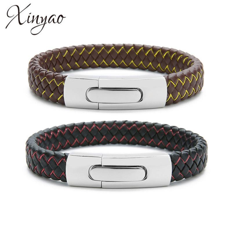 

XINYAO 2020 Adjustable Handmade PU Leather Braided Charm Bracelet For Men Punk Stainless Steel Magnetic Buckle Bangle Bracelets
