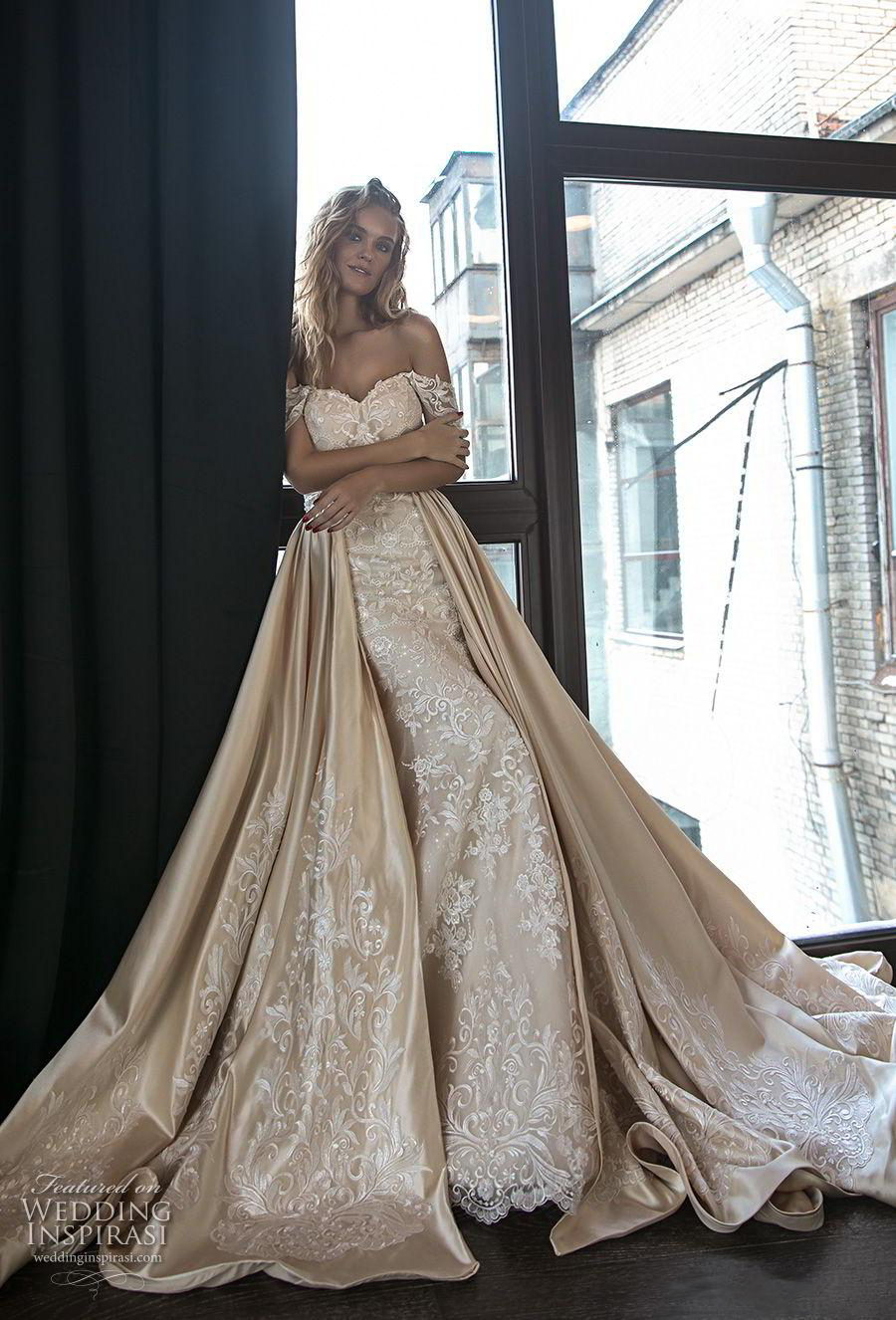 Nouvelle Arrivée 2021 Superbes robes de mariée de champagne avec un train de satin détachable sur l'épaule Robes de mariée en dentelle pleine den