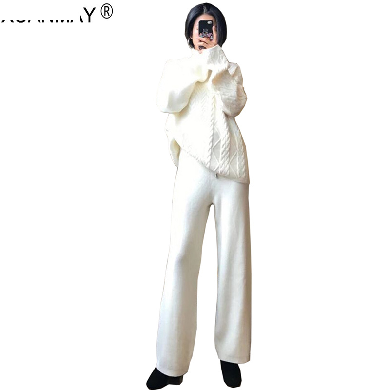 

Autumn of the women Thick Up and Down Korean High-neck Sweater wide leg Pants Two-piece, Black