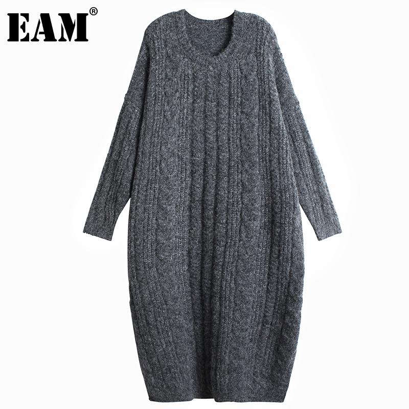 

EAM] Women Gray Big Size Warm Knitting Dress New Round Neck Long Sleeve Loose Fit Fashion Tide Autumn Winter 2020 1DD0272, Brown