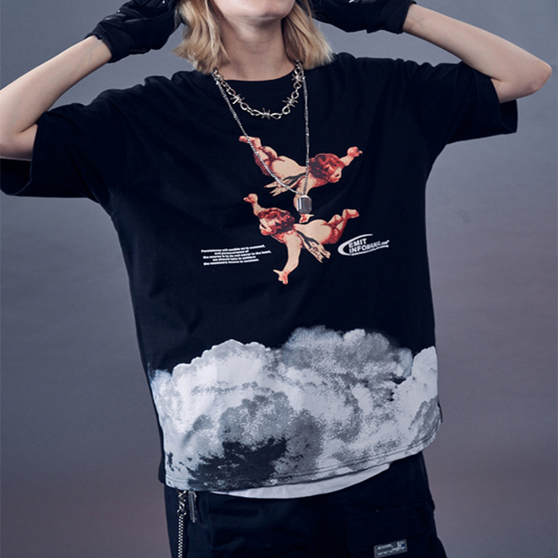 

Angel Prints Men Oversize Casual Shirt Tshirts 2020 Summer Unisex Short Sleeve 100% Cotton Harajuku Loose Couples Tops t Xixw, Blue tee