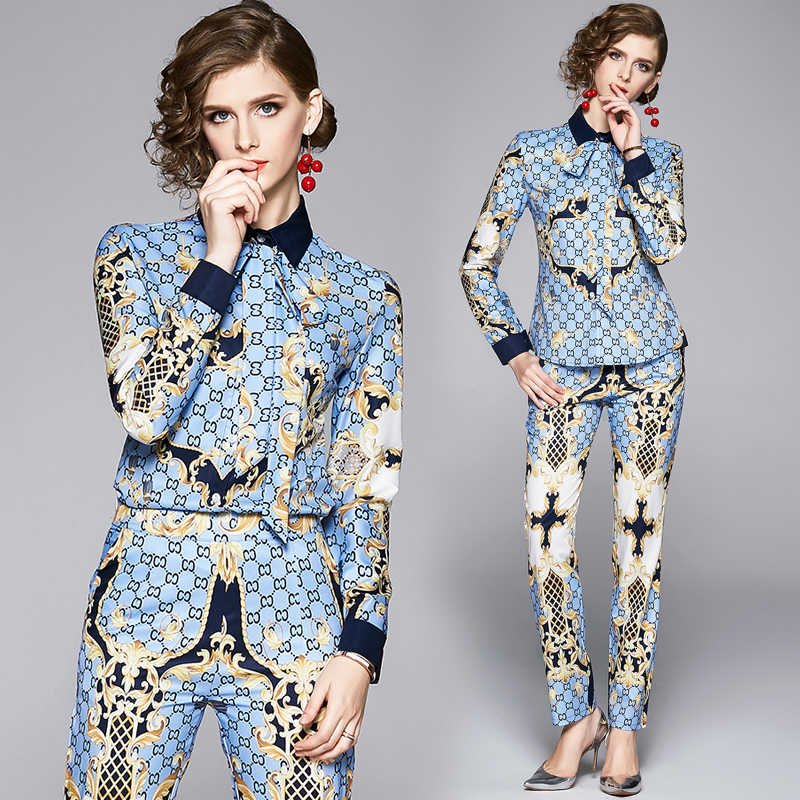 

2020 Classic Casual Women's Two Piece Pants Elegant Printed Long Sleeve Bow Shirt and Long Pants 2 pcs Set Runway Ladies Designer Two Piece, Customize