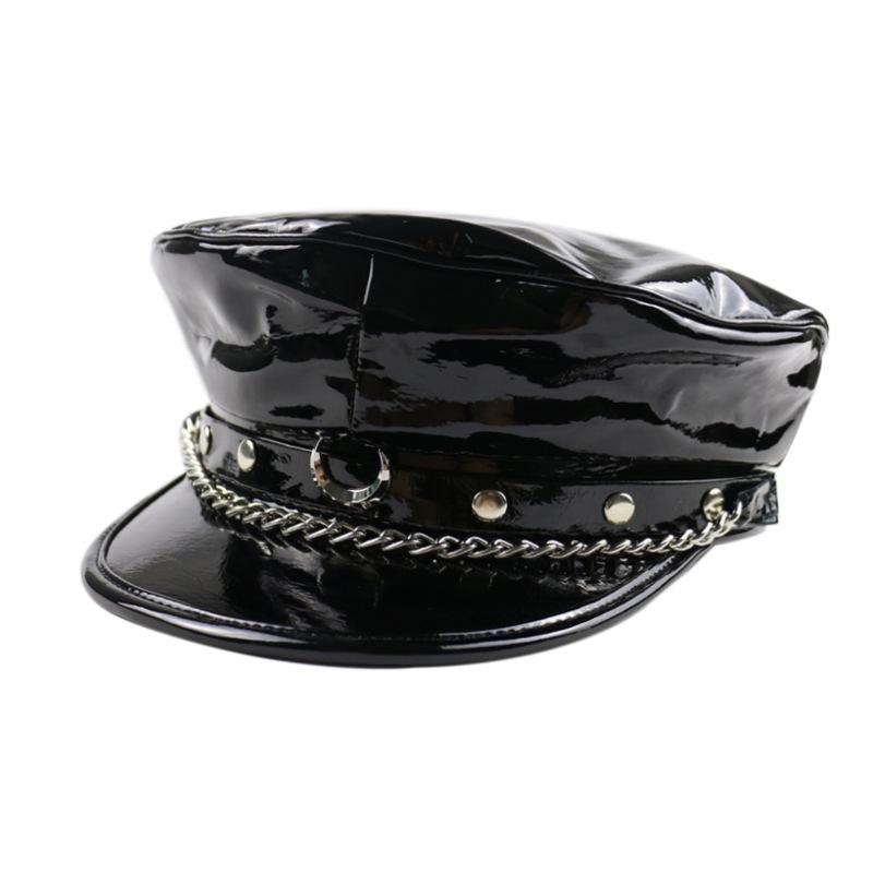 

Online Celebrity-Punk Street Handsome Navy Cap Metal Chain Moon Patent Leather Western Style Trend Flat Roof Brim Hat, Black and white with pattern