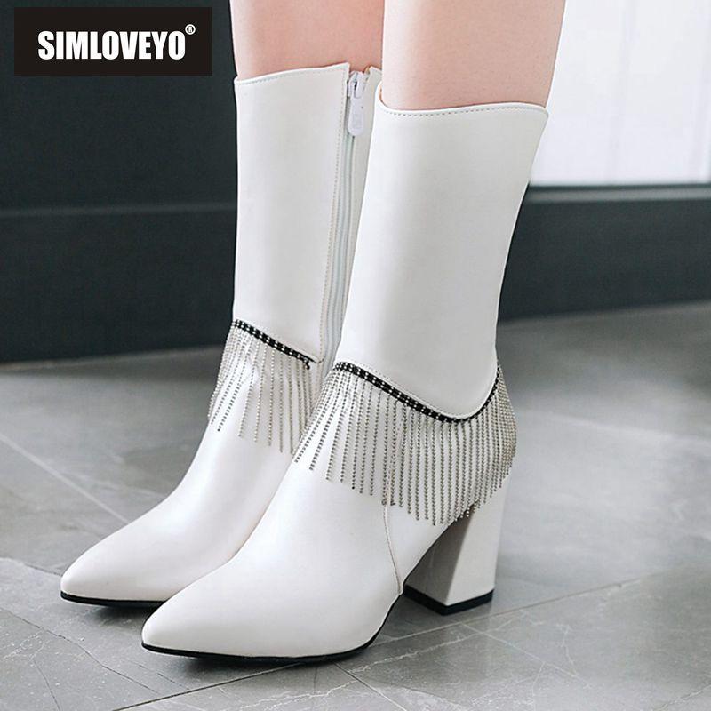 

SIMLOVEYO Autumn Winter ankle boots Pointed toe Pu leather Thick high heel zipper Botas feminino mujer Shoes women A13811, Black