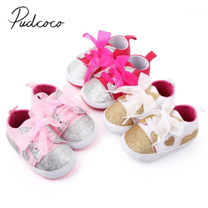 

2020 Baby First Walkers Soft Sole Newborn Baby Boy Girl Pre-Walker Riband Crib Shoes Glitter Heart Patchwork Sneakers -18M1, Pink