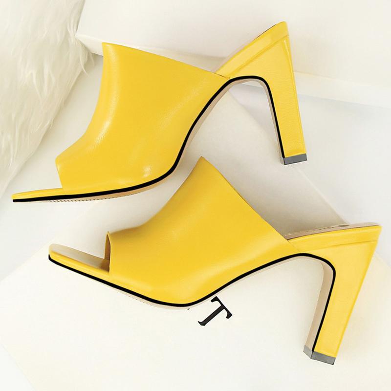

2020 Summer Women 8.5cm Block Fetish High Heels Slides Lady Yellow Mules Slingback Thick Sandals Peep Toe Pumps Platform Shoes1, Black