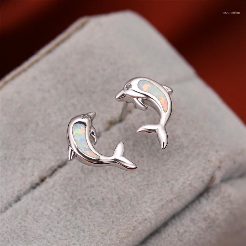 

Simple Female Blue Opal Small Earrings Luxury Silver Color Stud Earrings For Women Charm Cryatal Dolphin Wedding Earring1