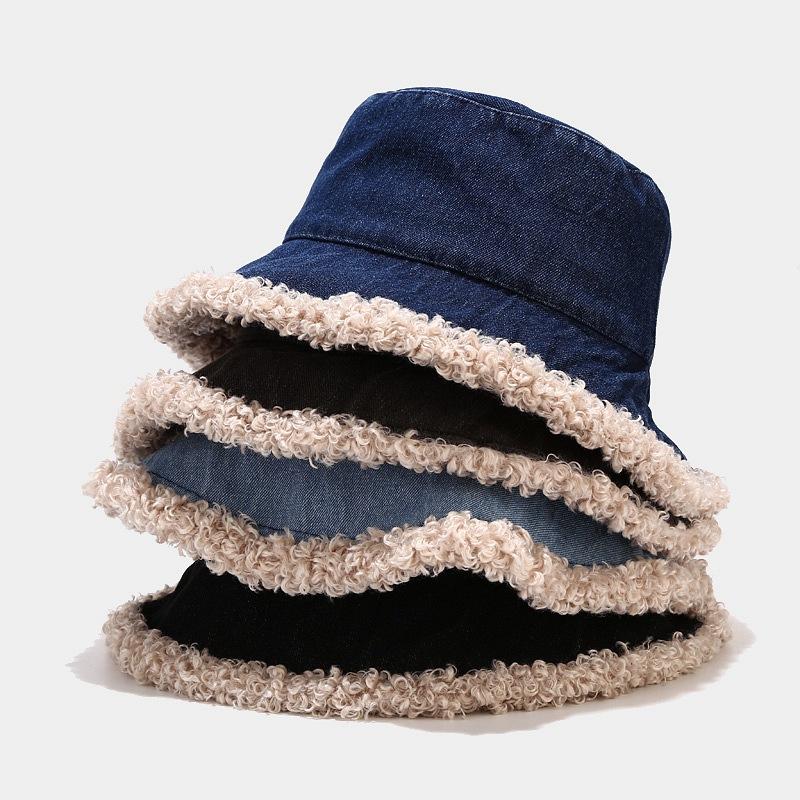 

Autumn Winter Outdoor Warm Bucket Hats Women Vintage Lambswool Thicken Big Brim Flat Hat Casual Windproof Fishman Cap, Black