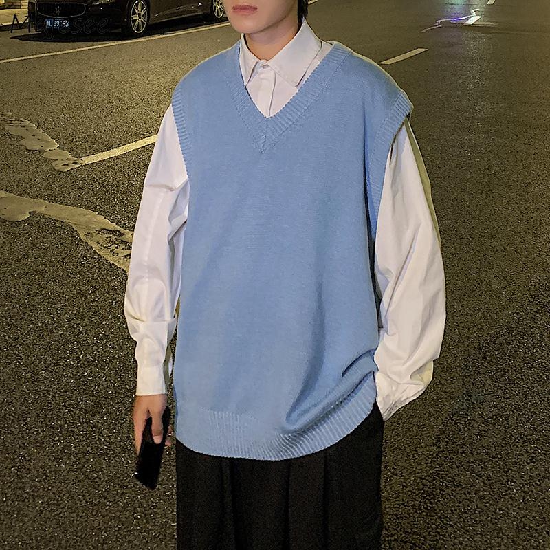 

Men Sweater Vest Solid Shrug Loose All-match Korean Trendy Simple Preppy Casual Knitted Autumn Male Waistcoats Ulzzang Students, 083sc-d145-black